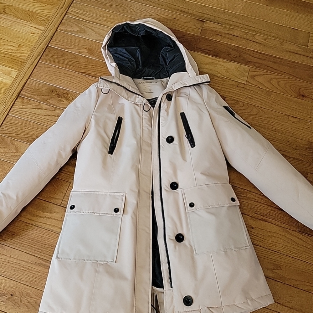 Nautica Stylish Cream Hooded Coat with Black Accents, New Without Tag